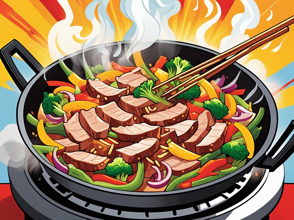 Stir-frying pork in wok